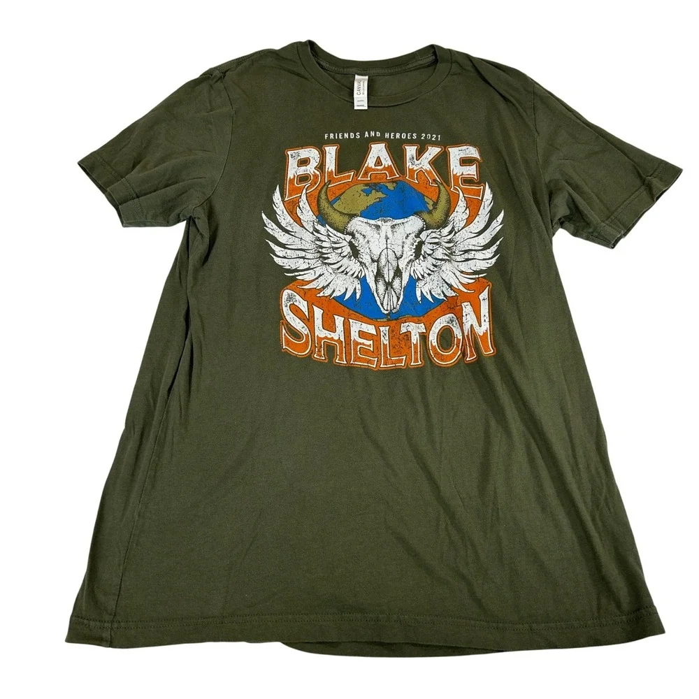 Blake Shelton Friends and Heroes 2021 Tour T-Shirt Mens Large Olive Green Canvas
